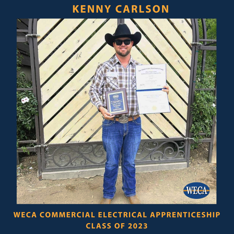 WECA Apprenticeship Graduate Kenny Carlson, Co-Valedictorian of our Southern California Commercial Electrical Class of 2023 WECA Apprenticeship Graduate Kenny Carlson, Co-Valedictorian of our Southern California Commercial Electrical Class of 2023